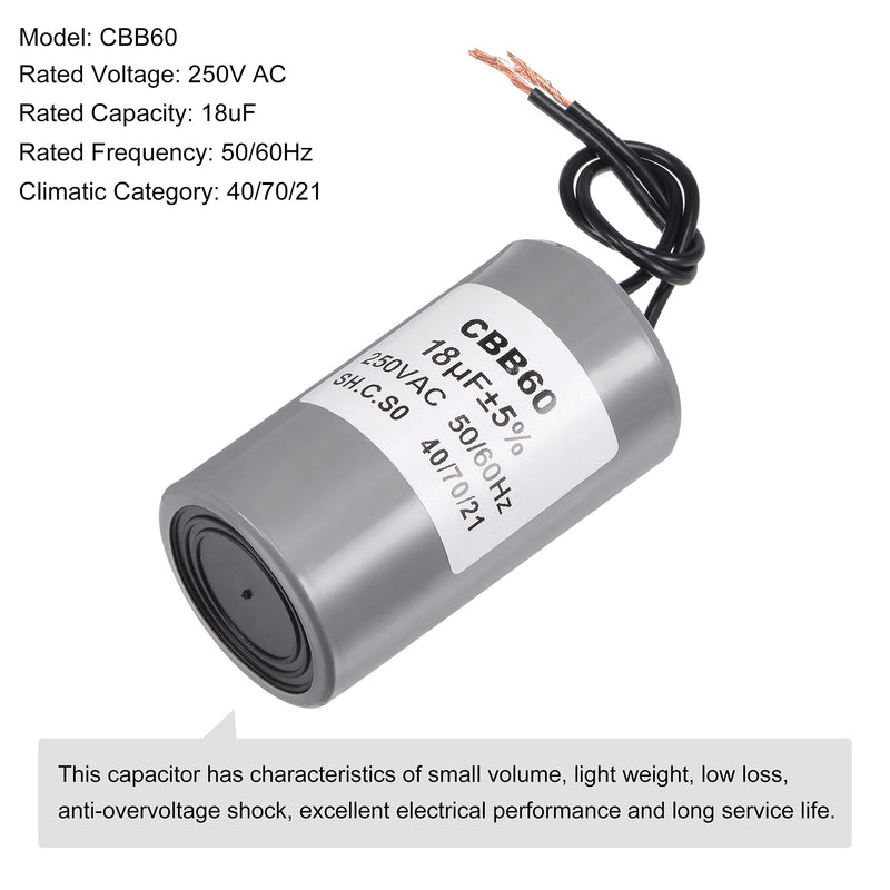 MECCANIXITY CBB60 Run Capacitor 18uF 250V AC 2 Wires 50/60Hz Cylinder 75x41mm for Air Compressor Water Pump Motor