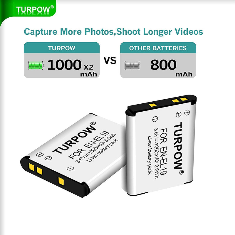 TURPOW 2 Pack EN-EL19 Battery Charger Set Compatible with Nikon Coolpix S32 S33 S100 S2800 S3100 S3200 S3300 S3500 S3600 S3700 S4100 S4200 S4300 S5200 S5300 S6500 S6600 S6800 S6900 S7000 Camera