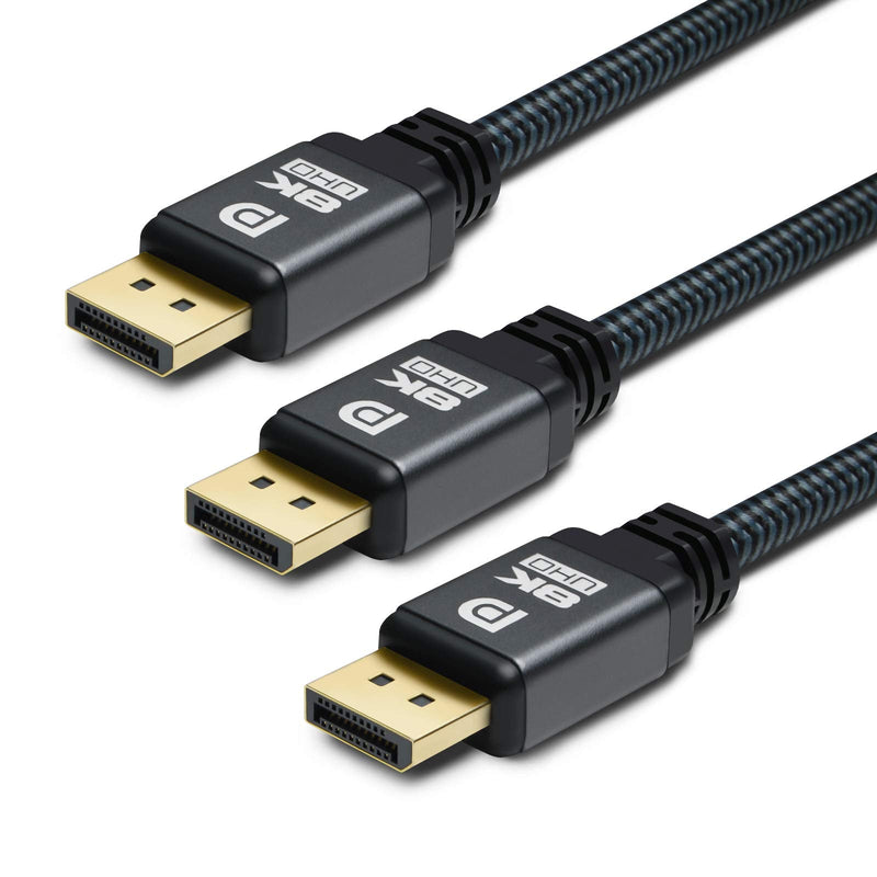 DisplayPort 1.4 Cable 6.6ft (3 Pack), Yauhody 32.4Gbps DP 1.4 Cable, 8K@60Hz, 7680x4320, 4K@240Hz 144Hz, 2K@240Hz 165Hz, VESA Certified, Braided HBR3 HDR10 HDCP 2.2 High Speed Gaming DisplayPort Cord 6.6 Feet Gray 3