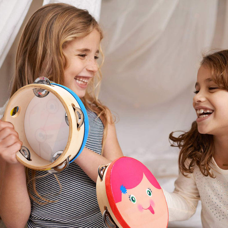 2 Pieces 6" Wood Handheld Tambourine Drum, Kids Adults Educational Musical Percussion Toy, Tambourine with Smiley Pattern for Party Dancing Games Gift