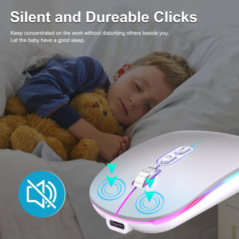 【Upgrade】 LED Wireless Mouse, Slim Silent Mouse 2.4G Portable Mobile Optical Office Mouse with USB & Type-c Receiver, 3 Adjustable DPI Levels for Notebook, PC, Laptop, Computer, MacBook (MattSilver) MattSilver
