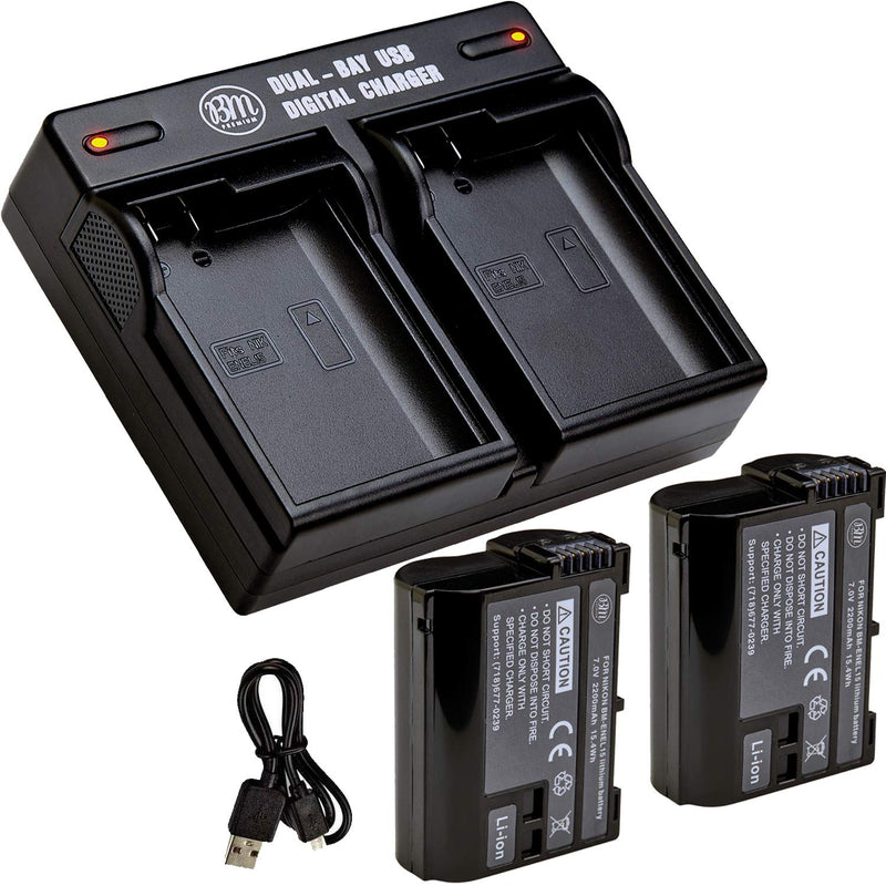 BM Premium Pack of 2 EN-EL15 Batteries and USB Dual Battery Charger Kit for Nikon D7500, 1 V1, D500, D600, D610, D750, D800, D810, D810A, D850, D7000, D7100, D7200 Digital SLR Cameras