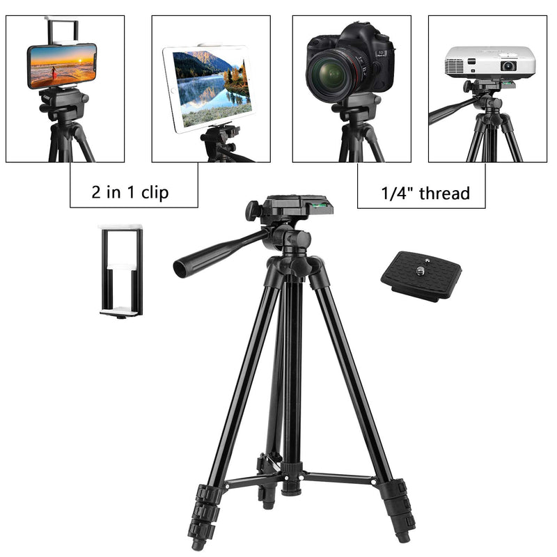 PEYOU Compatible for iPad iPhone Tripod, 55" Lightweight Aluminum Phone Camera Tablet Tripod + Wireless Remote + Universal 2 in 1 Mount Holder for Smartphone,Tablet (Black) Black