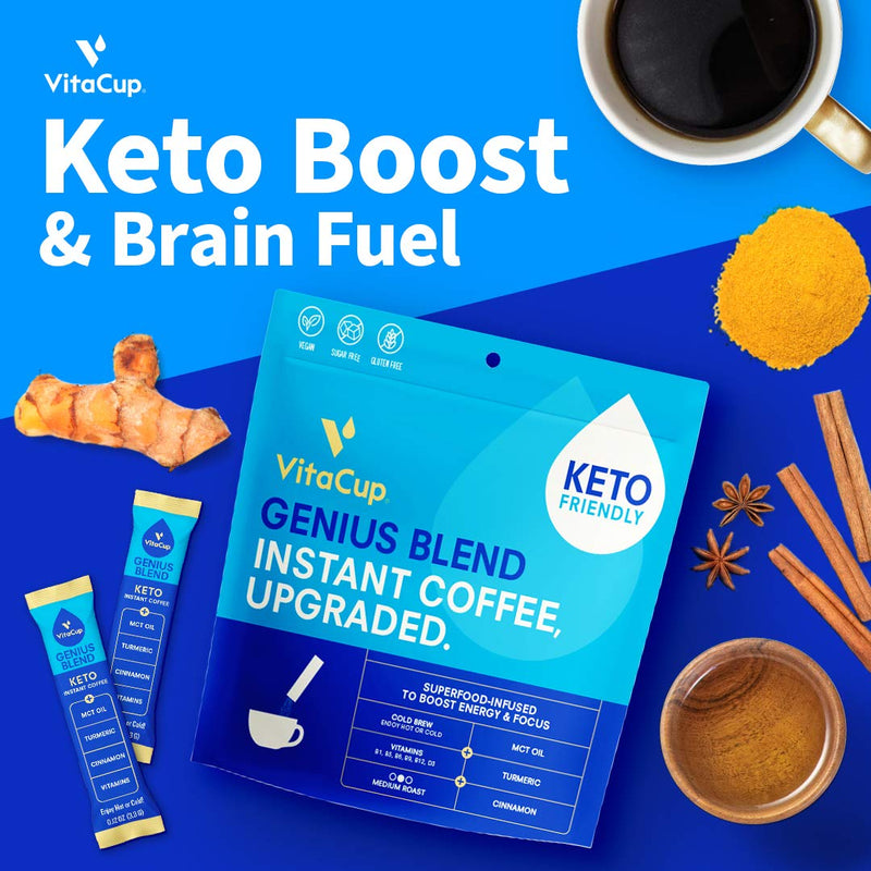 Genius Instant Coffee Packets by VitaCup, Serve Hot or Cold Brew for Keto Energy & Focus with MCT Oil, Turmeric, Vitamins B1, B5, B6, B9, B12, D3 in single serve packs, 24 sticks Genius 24 Count (Pack of 1)