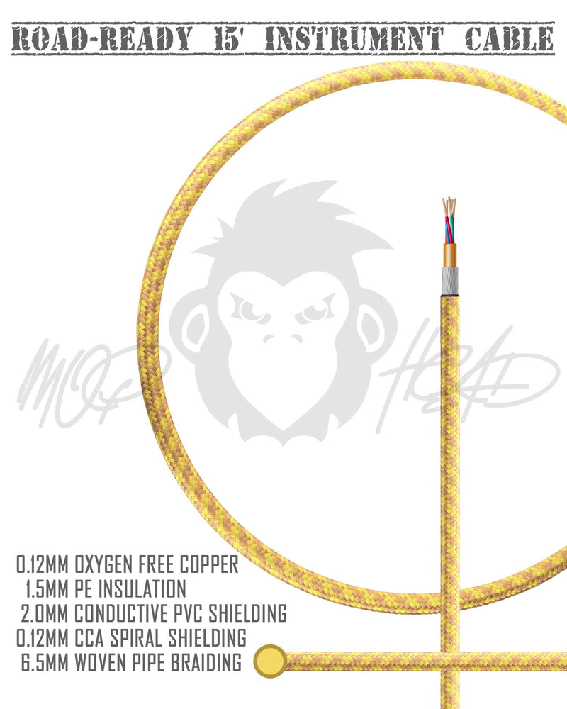 [AUSTRALIA] - Mophead 15 Foot Double Insulated and Road Ready Braided 1/4 in TS to 1/4 in TS Guitar and Bass Instrument Cable Bundle 2 Pack Right Angle Yellow & Brown 