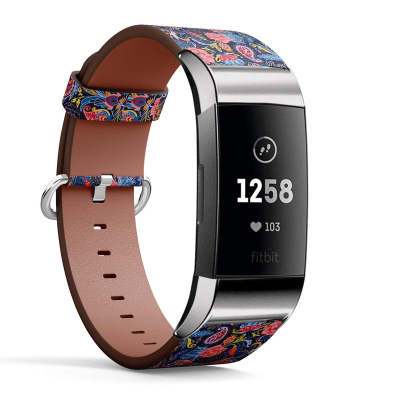 Compatible with Fitbit Charge 4 / Charge 3 / Charge 3 SE - Leather Watch Wrist Band Strap Bracelet with Stainless Steel Adapters (Paisley)
