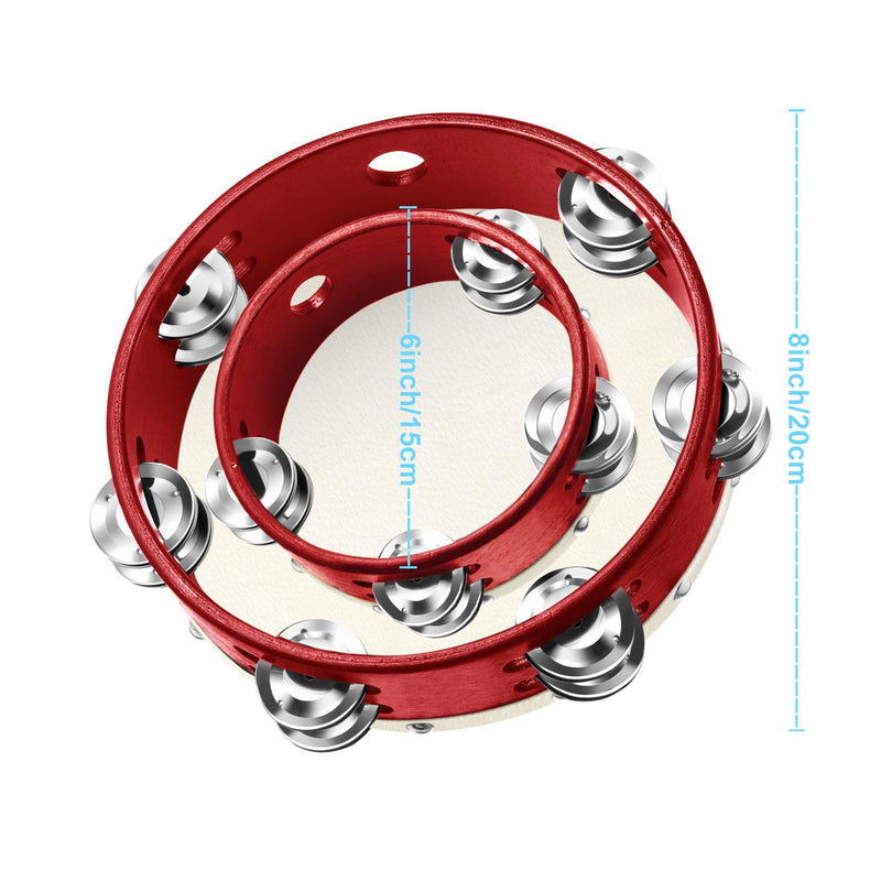 2 Pieces (6 Inch and 8 Inch) Wood Handheld Tambourine Double Row, Tambourines with Jingle Bells(Red) Red