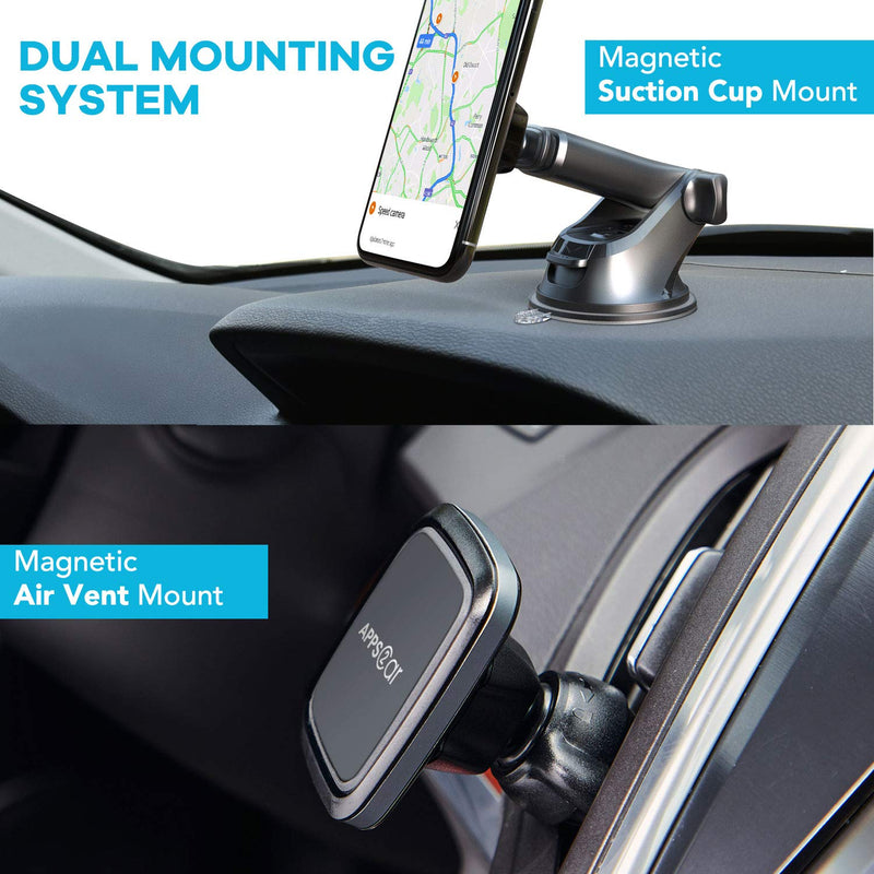 Car Phone Mount Magnetic,APPS2Car Dashboard,Windshield and Air Vent Mount,Phone Holder for Car,Universal Magnetic Phone Car Mount with Powerful Suction Cup,Built-in Strong 6 Magnets for all CellPhones Grey