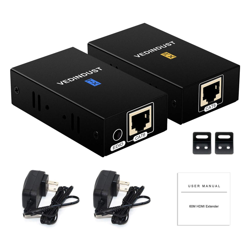 HDMI Extender 200ft HDMI Over Single Cat5e/6/7 Digital HDMI Ethernet HDMI Repeater Balun Sender Transmitter Receiver Support 1080p 3D HDMI 1.4a HDCP Compatible with Fire Stick Roku Blue-ray