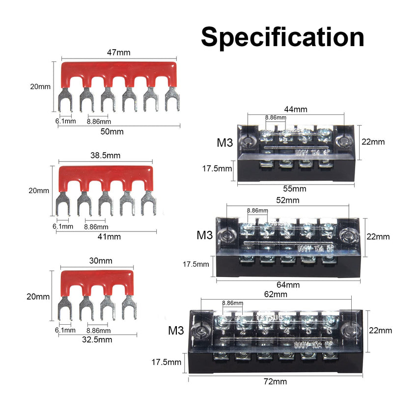 MILAPEAK Terminal Block and Strip - 6 Sets 4/5/6 Positions 600V 15A Dual Row Wire Screw Terminal Strip Block with Cover + 400V 15A Pre-Insulated Terminals Barrier Strips Jumpers (Black & Red) 15A 4/5/6P+Jumpers