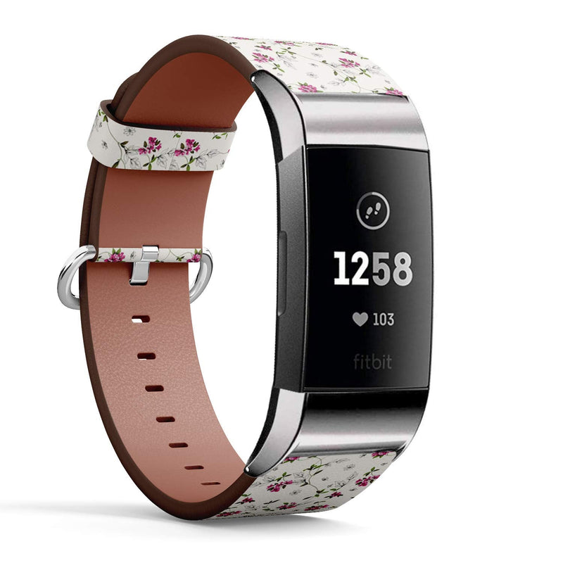 Compatible with Fitbit Charge 4 / Charge 3 / Charge 3 SE - Leather Watch Wrist Band Strap Bracelet with Stainless Steel Adapters (Flowered)