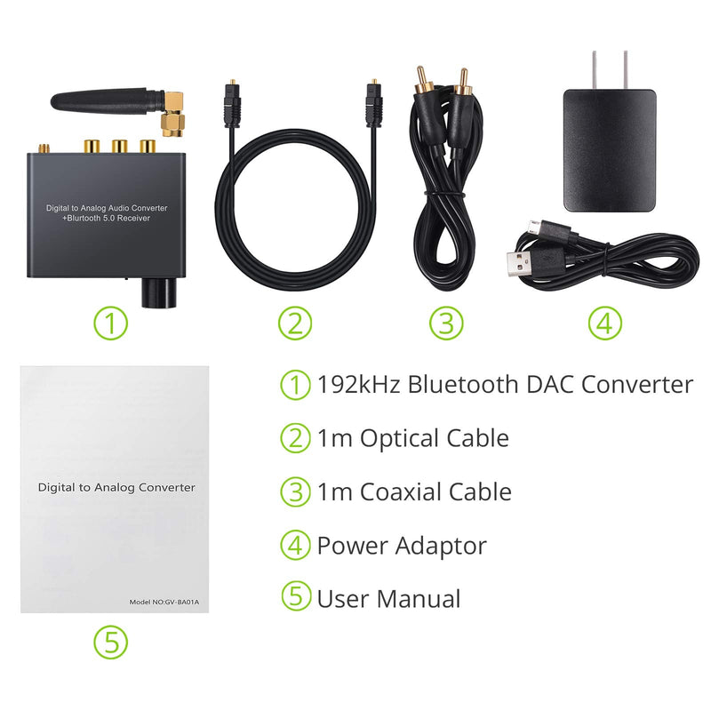 LiNKFOR 192kHz DAC Digital to Analog Converter with Headphone Amplifier Bluetooth 5.0 Receiver Digital SPDIF Toslink to Analog L/R 3.5mm Jack Audio Adapter -Include Power Adapter