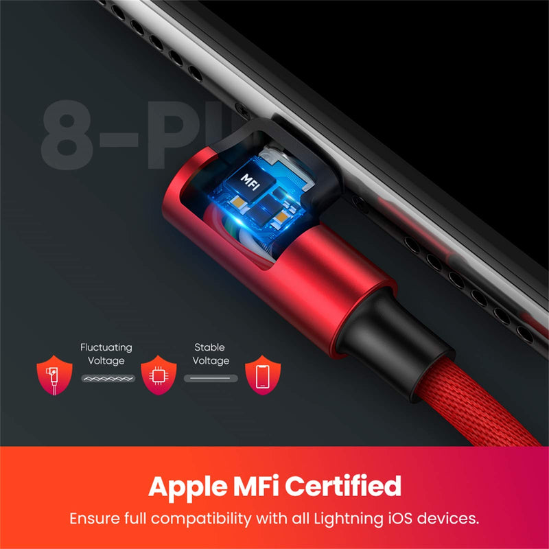 UGREEN iPhone Charger Cable MFi Certified - Right Angle Lightning Cable 90 Degree iPhone Charger Compatible with iPhone 12 Pro Max 11 Pro Xr Xs Max 10 8 Plus 7 6 6s 5c,SE 2020 iPad Mini Air Red 6FT