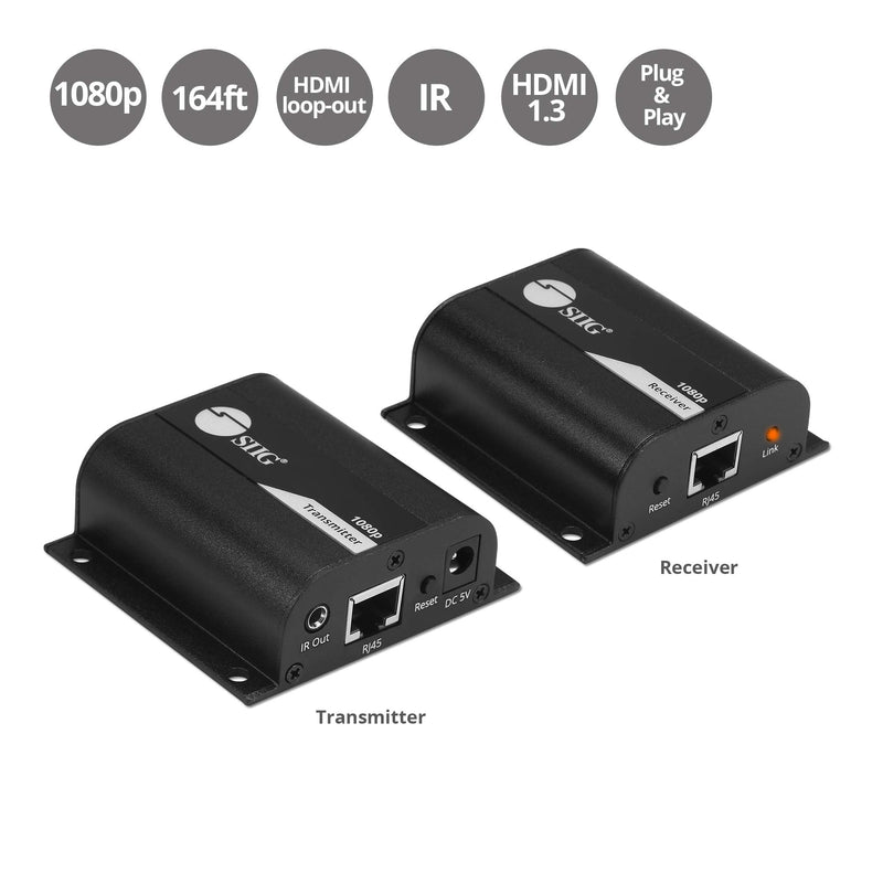 SIIG 164ft 1080p HDMI Extender Over Cat5e/6 UTP Cable with IR, Local HDMI Loop-Out, Stereo Audio, Low Latency, Premium Metal housing (CE-H26011-S1)
