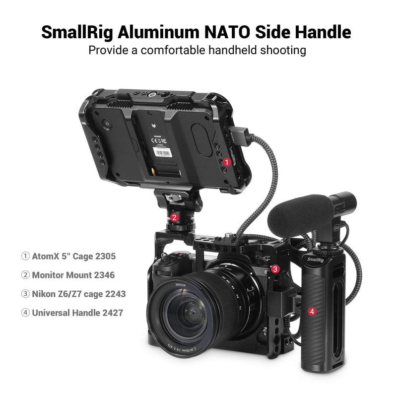 SMALLRIG Universal Aluminum NATO Side Handle Grip for DSLR Camera Cage with Cold Shoe Mount Built-in Wrench, Up and Down Adjustable - HSN2427 Locks via a NATO Clamp