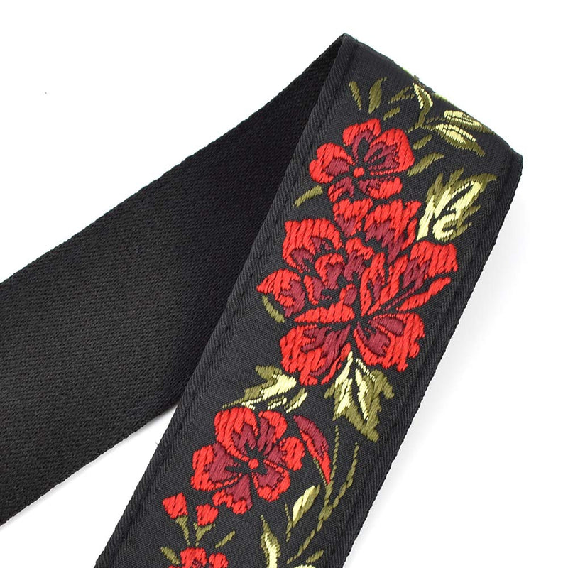 CLOUDMUSIC Red Rose Guitar Strap Pattern Jacquard Woven With Black Leather Ends For Women Acoustic Electric Bass (Red Rose)