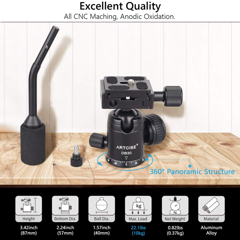 Ball Head with Handle All Metal CNC Panoramic Tripod Ball Head Camera Mount Ball Head with Two Quick Release Plates for Tripod, DSLR, Camcorder, Telescope，Max Load 22lbs/10kg