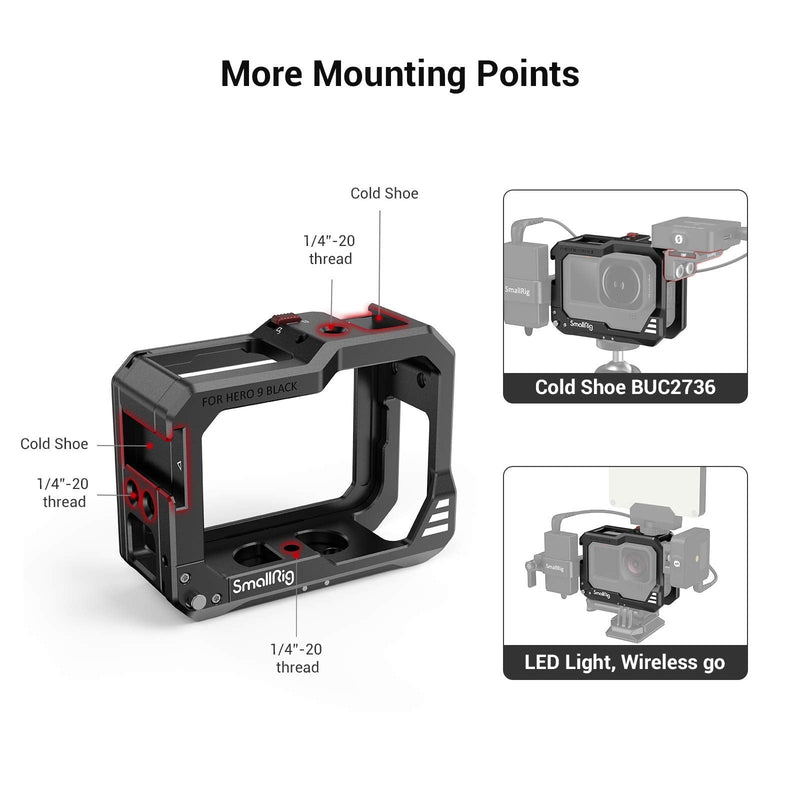 SmallRig Hero10 Cage / Hero9 Cage , Aluminum Video Cage with 2 Cold Shoe Mount for Mic and Led Light , Compatible with Max Lens Mod for GoPro Hero9/Hero10 Black 3084 middle