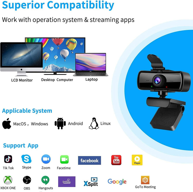 Ejfete 2040x1080 High Resolution HD Desktop Webcam with Microphone for PC Computer Monitor, USB Stream Camera with Privacy Cover 120 Degree Wide Angle Design for YouTube Tiktok Webcast Conferencing