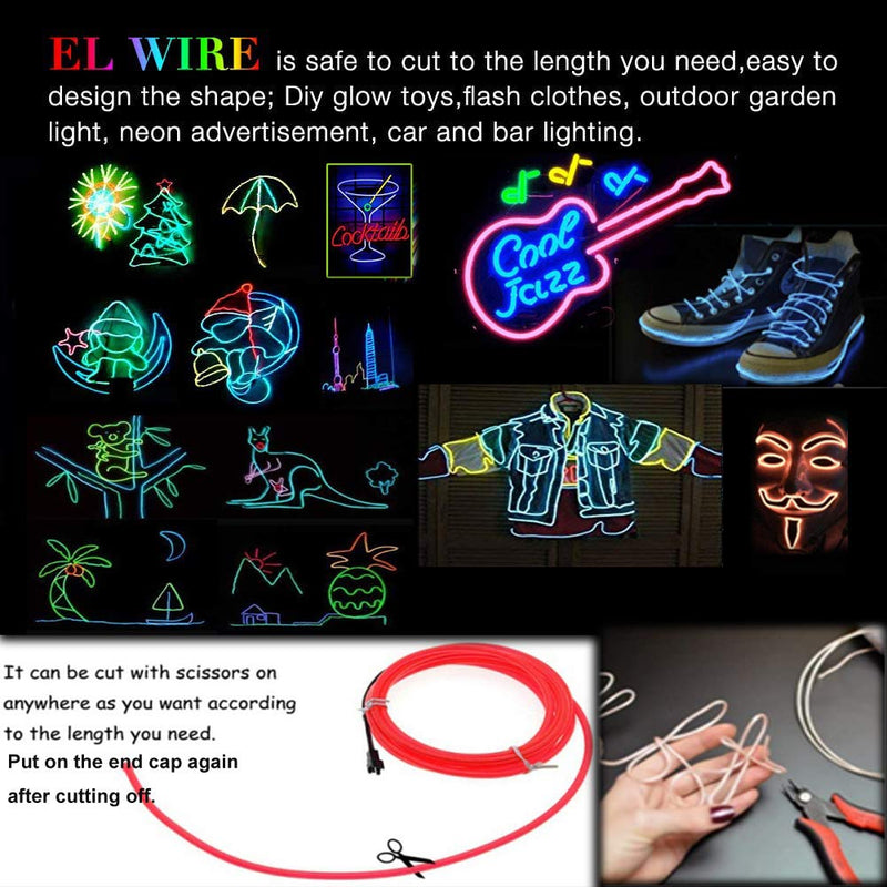 El Wire 5 Pack, 9ft Neon Light with Battery Pack (Red, Blue, Pink, Green, White) for Halloween Decorations DIY Costume