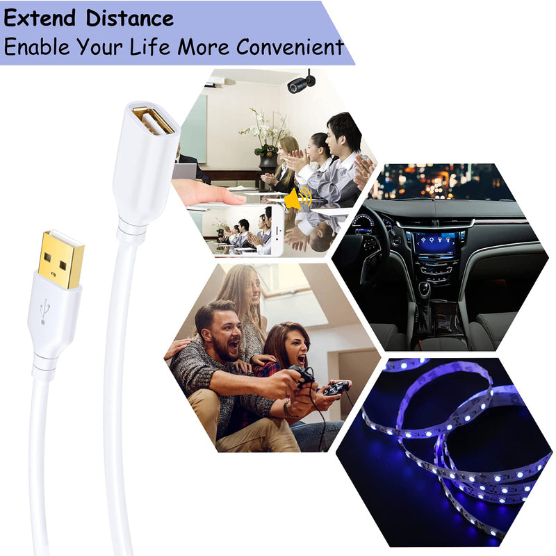 USB Extension Cable White, Costyle 2-Pack 2.0 6ft/2m USB Type A Male to A Female Extension Cord White USB Cable Extender with Gold-Plated Connectors