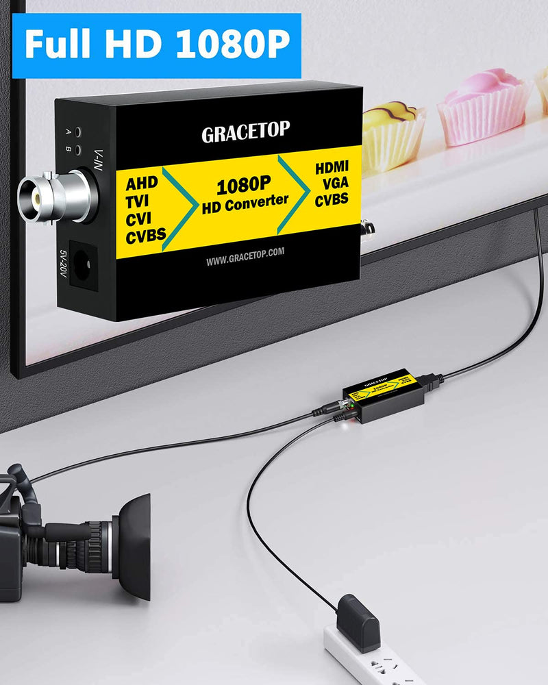 GRACETOP AHD to HDMI Converter, RCA to HDMI Converter 4-in-1 Composite CVBS TVI CVI AHD to HDMI VGA CVBS BNC Converter Support 720P/1080P/3MP/4MP for Monitor HDTV DVRs