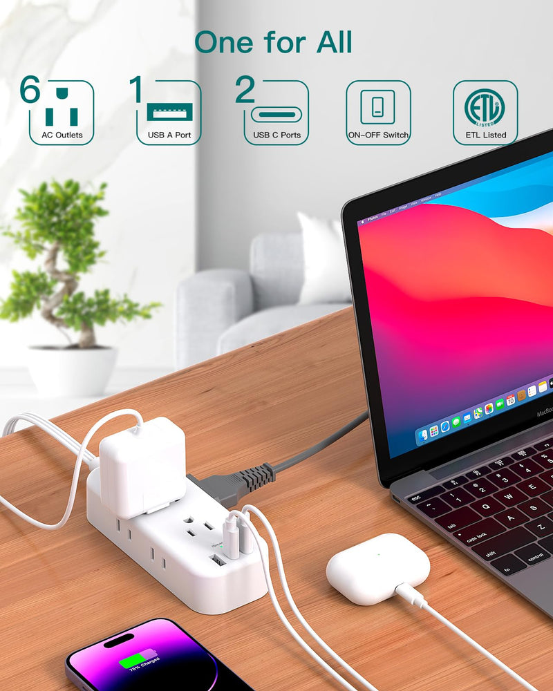 Travel Power Strip with USB - Flat Plug Extension Cord, 6 Outlets 3 USB (2 USB-C) Ports, Outlet Extender with 5ft Extension Cord, Non Surge Protector for College Dorm Room, Cruise Ship, Home Office