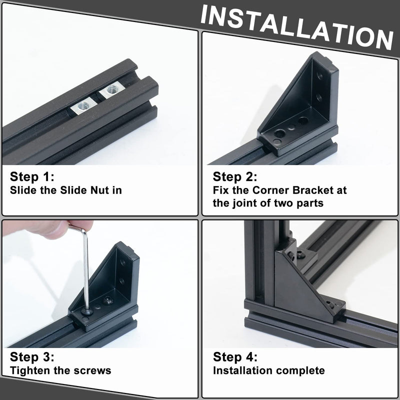 CheeMuii 2040 Corner Bracket Kit,20pcs Corner Brackets 80pcs Hexagon Socket Screw 80pcs Slide Nuts and 1pcs Hex Wrenchs for Slot 6mm 20s Aluminum Extrusion Profile Rail Accessories 20sets Black