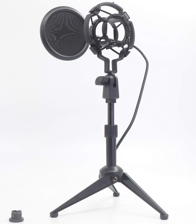 [AUSTRALIA] - Desktop Microphone Tripod Suspension Stand with Shock Mount Anti-Vibration Mic Holder and 4" Round Mask Shield Double-Net Wind Screen Pop Filter (Large, Black) Large 