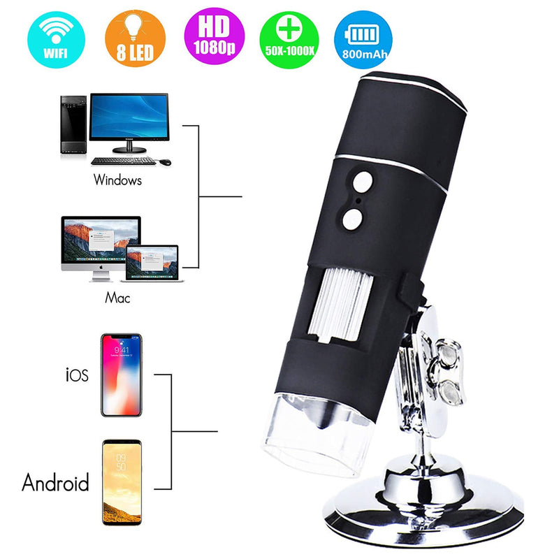 Vilihy Wireless Digital Handheld Microscope 50X to 1000X WiFi Handheld Zoom Magnification Endoscope Camera Magnifier 1080P HD Pixel 8 LED Compatible with Android iOS Smartphone Tablet Windows Mac
