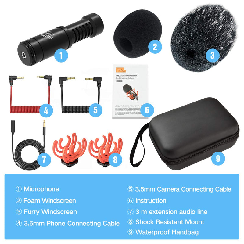 Pixel M80 Video Microphone with Shock Mount, Deadcat Windscreen and Audio Cables, Compatible with DSLR, Camcorder, iPhone, Android Smartphone, Suitable for Vlogging, Videography, Live Streaming, etc.