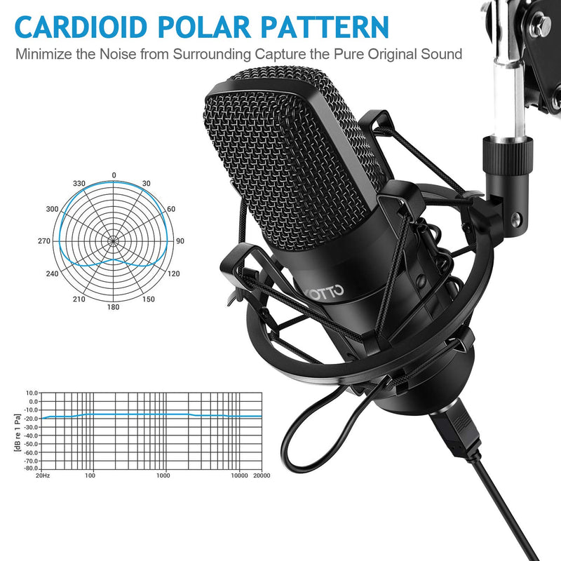 YOTTO USB Microphone Cardioid Condenser Mic 192KHz/24bit Plug and Play Professional Studio Podcast Microphone with Adjustable Microphone Stand Suspension Scissor Boom Arm, Pop Filter, Shock Mount