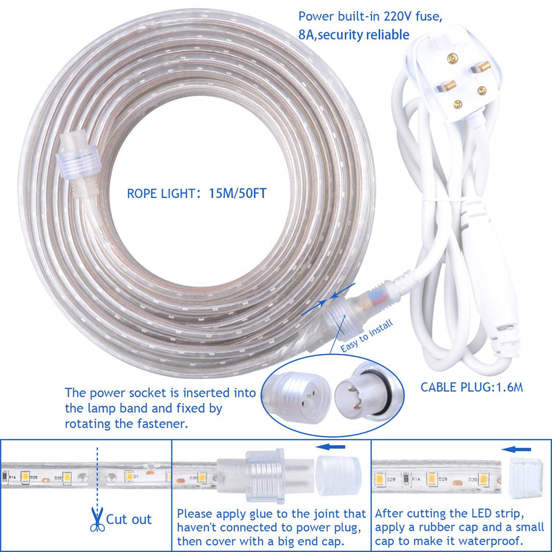 GuoTonG 52.5ft/16m Plugin Rope Lights, 576Warm White LEDs, 220V, 2 Wires, Waterproof, Connectable, Power Plug Built-in Fuse Design, Indoor/Outdoor Use, Ideal for Backyards, Decorative Lighting Warm White
