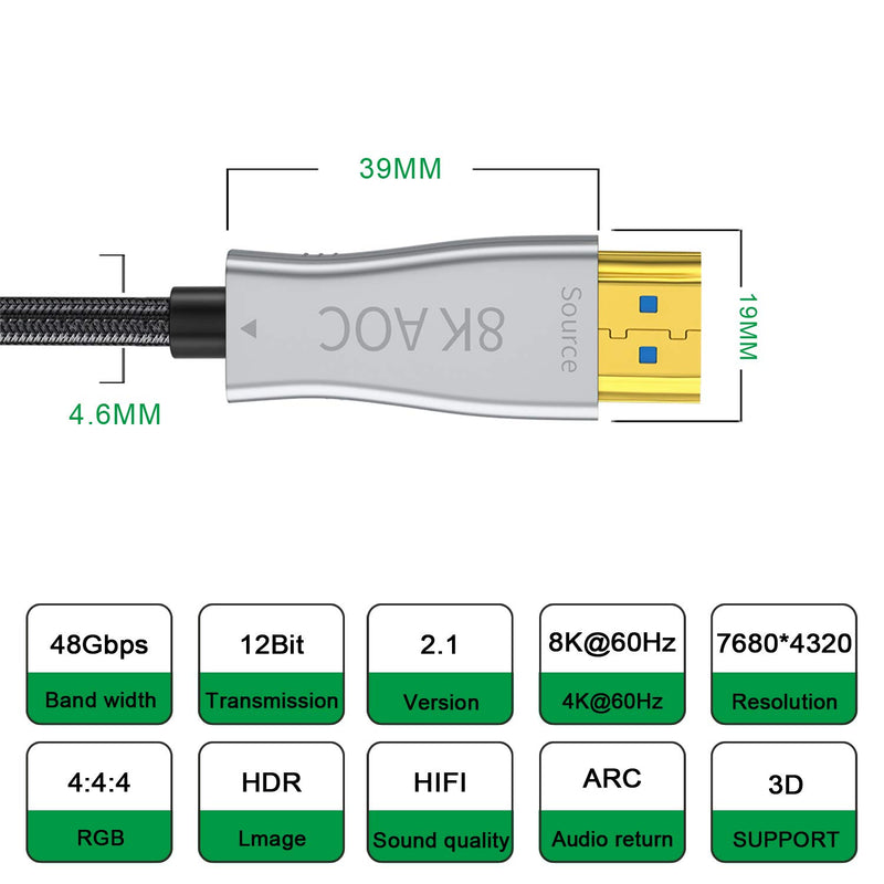 Aieloar 8K Optical Fiber HDMI 2.1 Cable,Support 8K@60Hz 4K@120Hz Dynamic HDR 10, eARC, HDCP2.2, 4:4:4 7680x4320 Resolution, 48Gbps Bandwidth Optic Fiber HDMI 2.1 Cable for PS5/PS4/8K TV（5M/16FT） 5M/16FT
