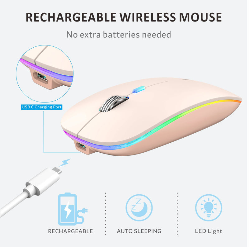 Uiosmuph LED Wireless Mouse, G12 Slim Rechargeable Wireless Silent Mouse, 2.4G Portable USB Optical Wireless Computer Mice with USB Receiver and Type C Adapter (Nude Pink) Nude Pink