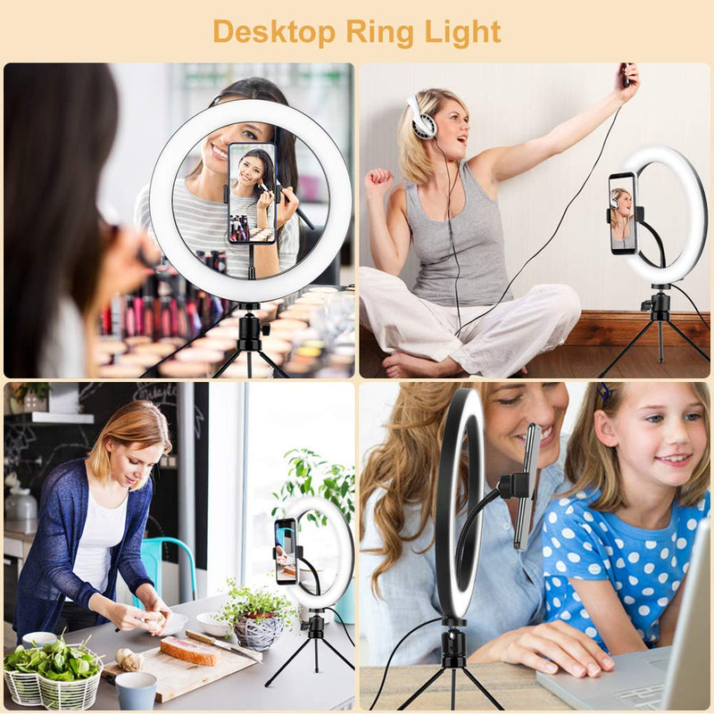 Ring Light with Tripod Stand and Phone Holder, 10 inch Desktop LED Circle Lighting for Zoom Meeting, Portable Desk Halo Light for iPhone Tiktok Streaming Makeup Selfie Photo YouTube Video Recording