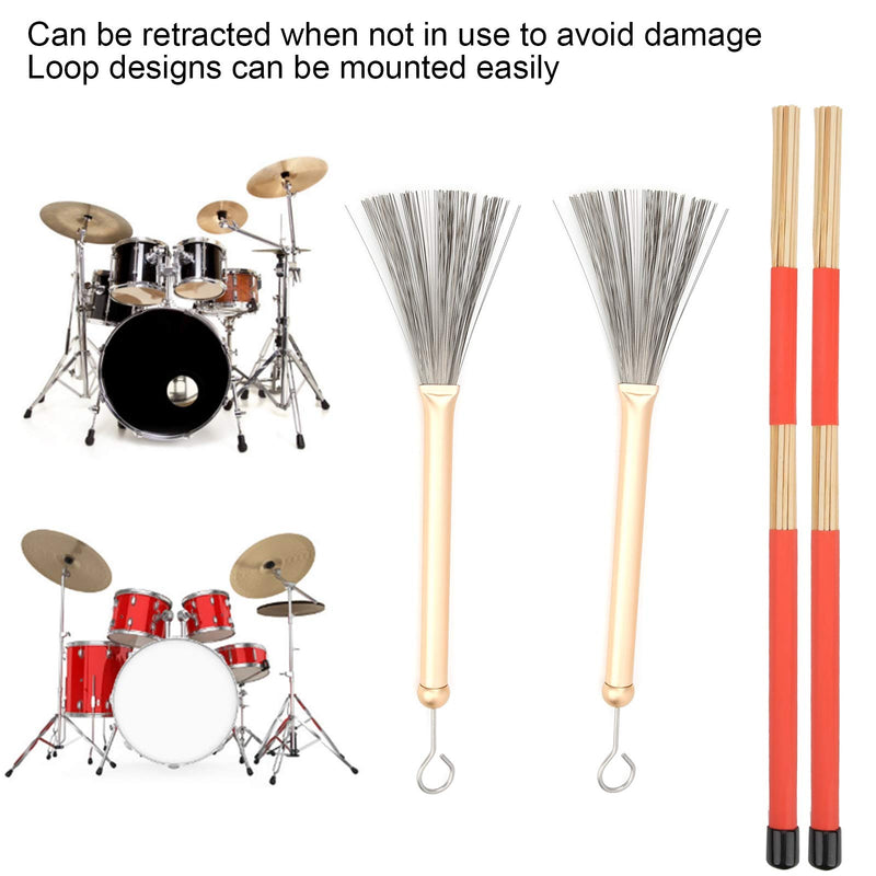 Drum Stick Brush Set Retractable Steel Brush Drumsticks with Rubber Handle Plush Bag for Jazz Drum (Gold Brush) Gold Brush