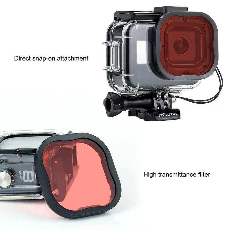 SOONSUN Waterproof Housing Case for GoPro Hero 8 Black with 4-Pack Diving Filter - 60M Underwater Diving Housing Built-in Dual Cold Shoe Slots with Red, Light Red, Magenta and 5X Macro Filter Waterproof Housing with Filters for HERO8 Black