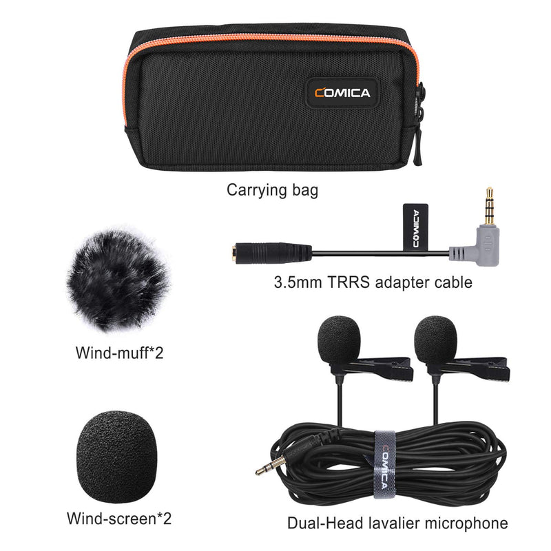 Comica CVM-D02 Dual Lavalier Microphones,Omnidirectional Condenser Hands-free Clip-on Lapel Mic with 3.5mm TRS Connector,Lav mic for Camera,DSLR,iPhone,Android,Huawei,Sony,PC, Laptop(Black)(4.5meters) 14.7ft Black