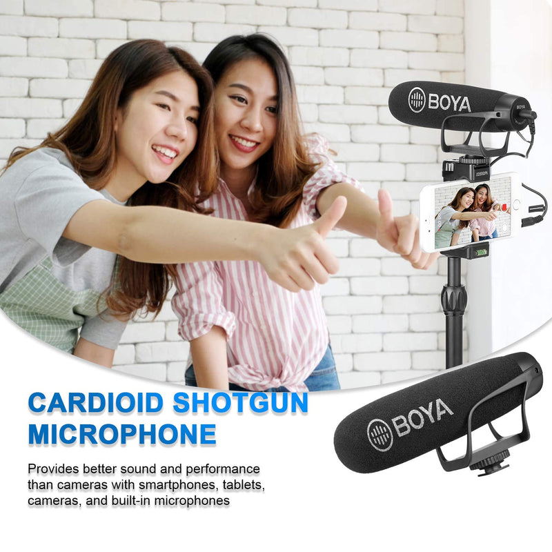 BOYA On Camera Shotgun Microphone Super-Cardioid Mic with TRS & TRRS Connectors Compatible with DSLR Camera Nikon Canon Camcorder iOS Android Smartphone Tablets PC Vlog YouTube Livestream