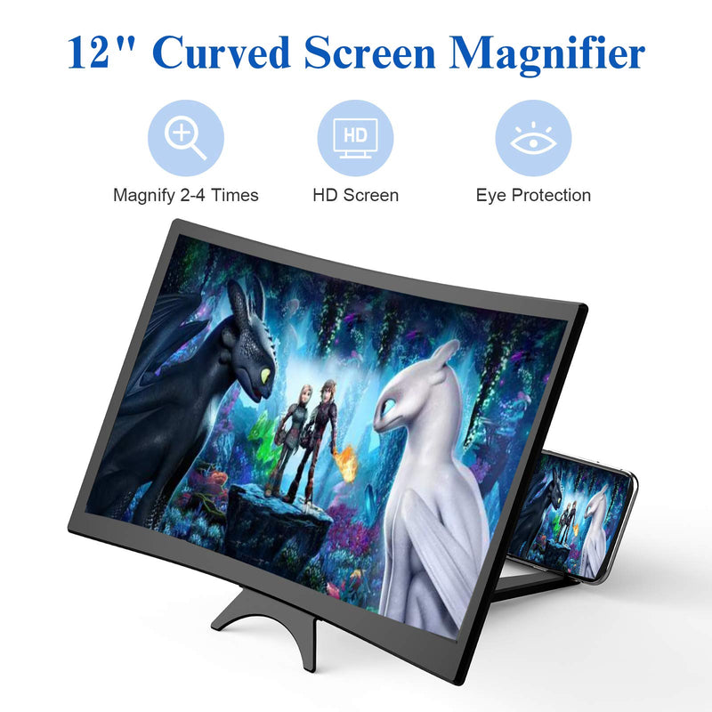 12" Curved Screen Magnifier for Cell Phone - 3D HD Magnifing Projector Screen Enlarger for Movies, Videos, Gaming, Foldable Phone Stand Holder with Screen Amplifier Supports All Smartphones