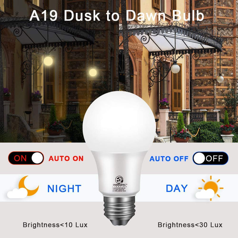 LED Dusk to Dawn Outdoor Light Bulb, 60 Watt Equivalent, Cool White 4000K, 800LM, Non-Dimmable, A19 Sensor Light Bulb, Porch Hallway Garage, E26, 4 Pack, UL Listed 4000K Cool White
