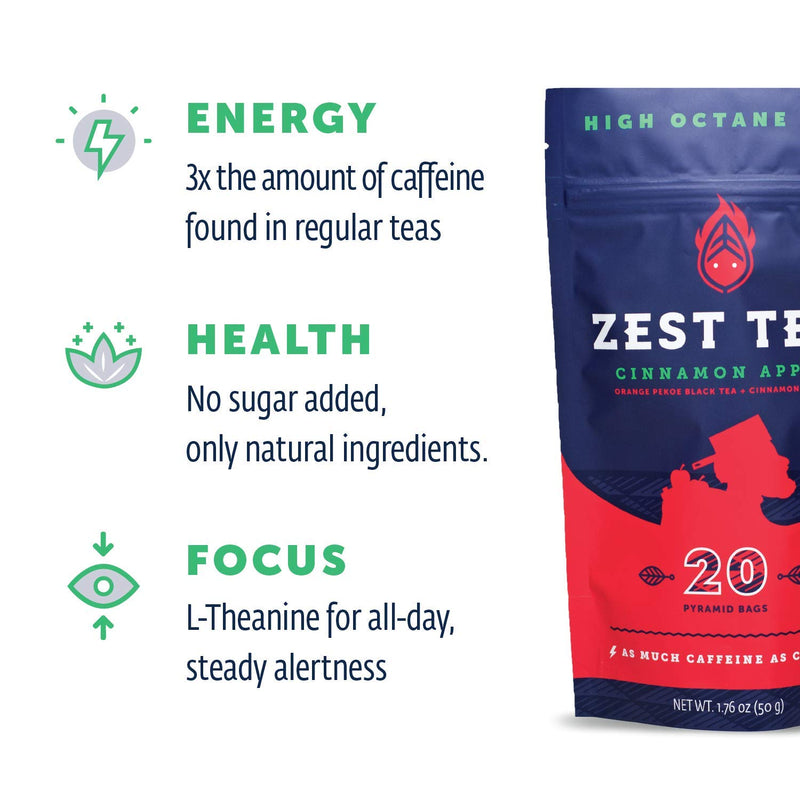 Zest Tea Energy Hot Tea, High Caffeine Blend Natural & Healthy Coffee Substitute, Perfect for Keto, 20 servings (150mg Caffeine each), Compostable Teabags (No Plastic), Cinnamon Apple Black Tea Apple Cinnamon Black Tea