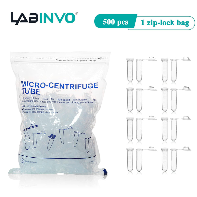 LABINVO 2ml Micro-Centrifuge Tube with Safe-Lock Cap, Frosted Writing Area, Round Bottom, PP Material, Molded Graduation10.3x40.5mm, Pack of 500, IN-MT20N Vol.2ml,500 pcs