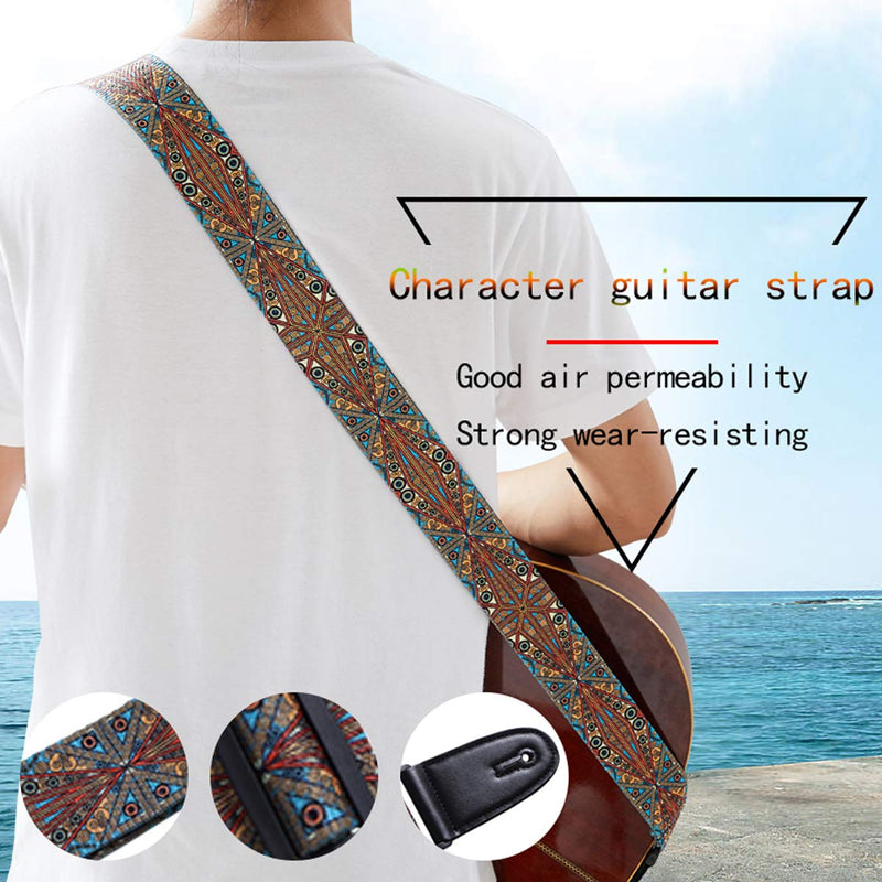 WOGOD Guitar Strap Jacquard Acoustic Guitar Strap, Electric Bass Guitar Strap, Soft Strap with PU Leather Ends(Yellow-blue)