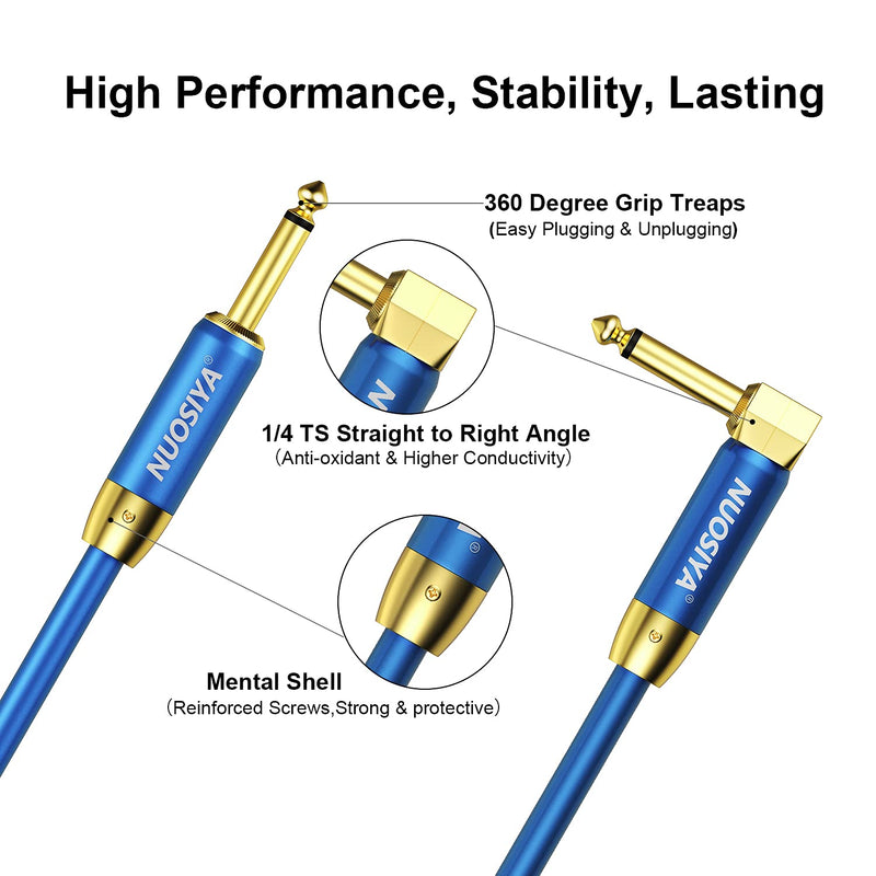 Guitar Cable, NUOSIYA 6.35mm Straight to Right Angle Jack (1/4 inch) Noiseless Instrument Cable for Electric Guitar, Bass, AMP, Keyboard, Mandolin, Mixing Desks (Blue, 3m) 3 Metre TS-Right Angle-Straight
