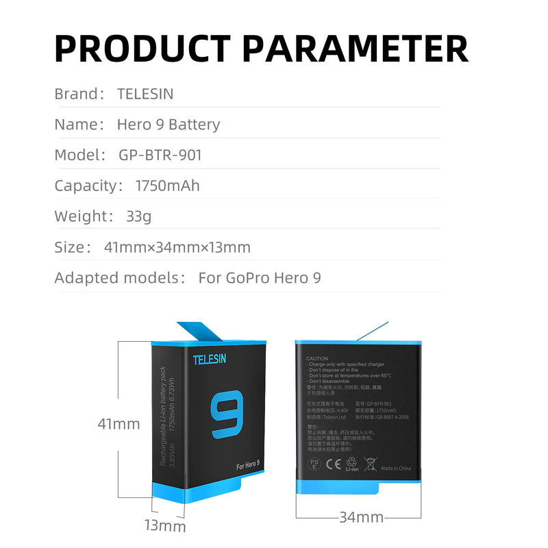 TELESIN Hero 9 Batteries and 3-Channel LED USB Charger Compatible with Hero 9 Black, Fully Compatible with Original (Charger + 2×Batteries) Charger + 2×batteries