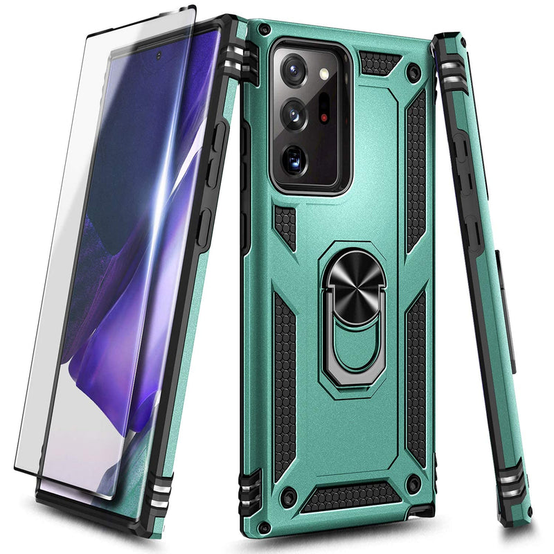 E-Began Case for Samsung Galaxy Note 20 Ultra/Note 20 Ultra 5G with Screen Protector (Maximum Coverage, Flexible TPU Film), Metal Magnetic Ring Holder Stand, Full-Body Protective Case (Green) Green