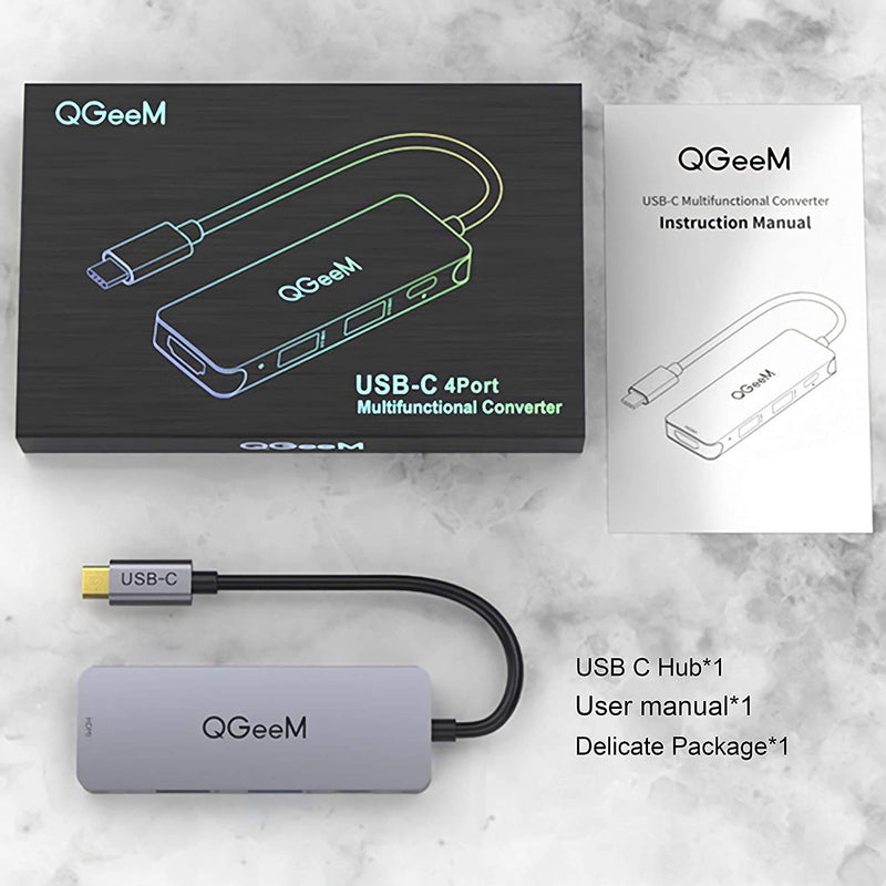 USB C Hub, QGeeM 4-in-1 USB C Adapter with 4K USB C to HDMI Hub,100W Power Delivery,USB 3.0,Thunderbolt 3 Multiport Hub Compatible with MacBook Pro, XPS, iPad Pro,More Type C Devices