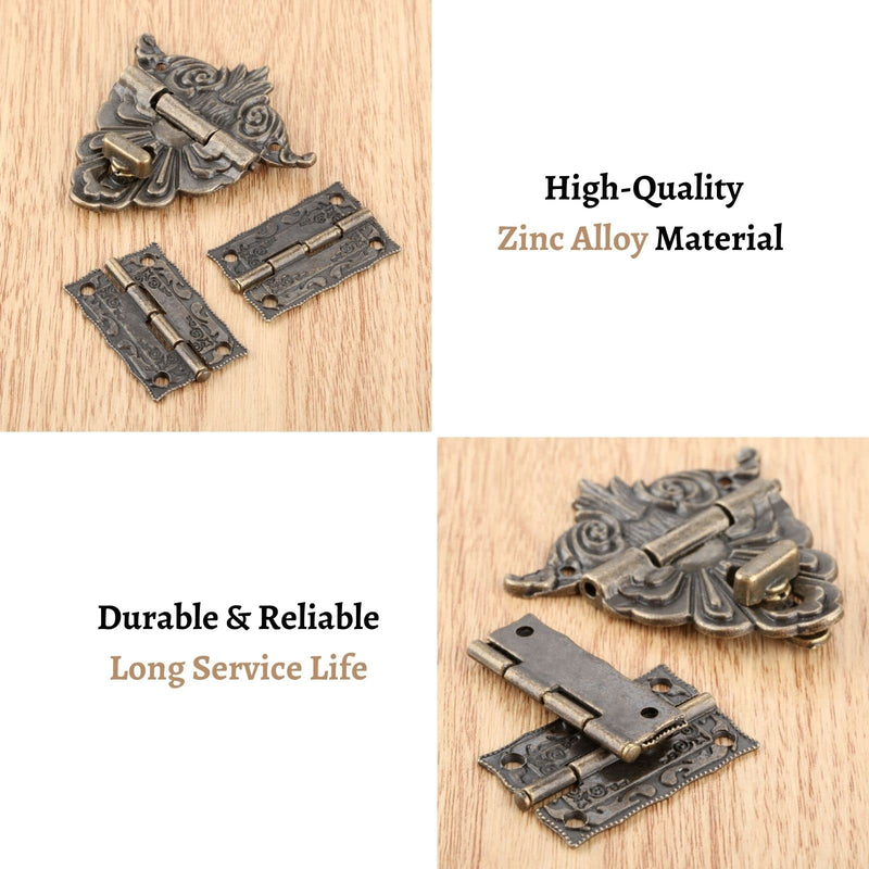 2PCS Antique Hinge & 1 PC Retro Style Padlock Lock Key Latch Clasp Set Box Lock with 12 Screws